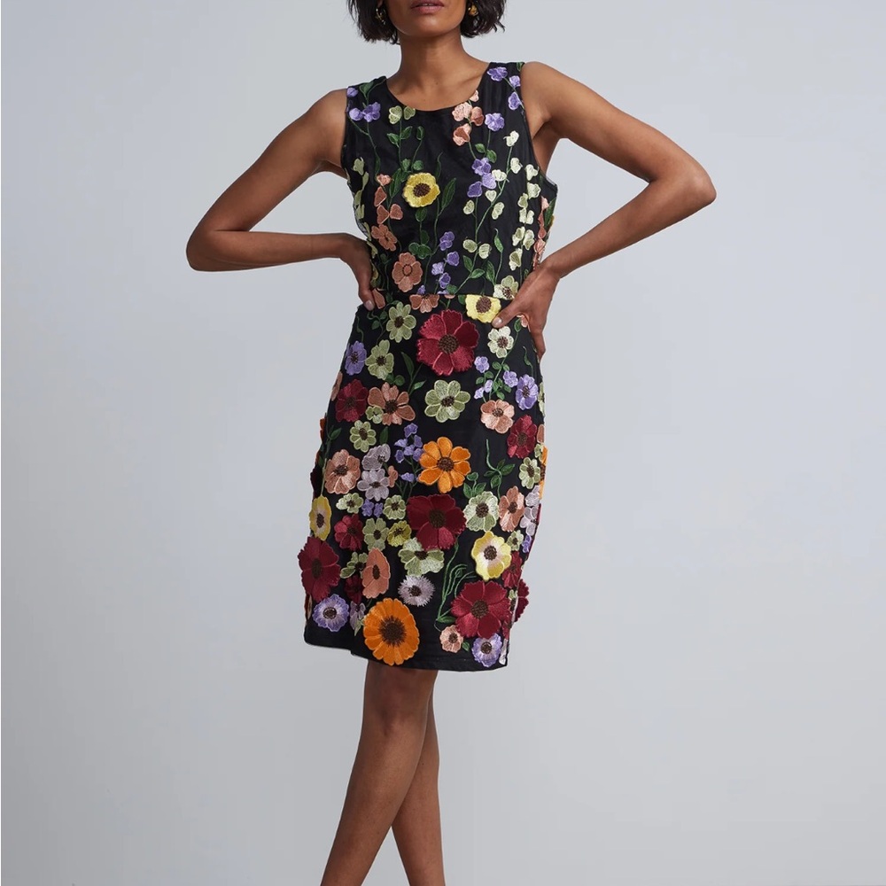 New York & Company Black Midi Dress with Multicolor Floral Appliquรฉs